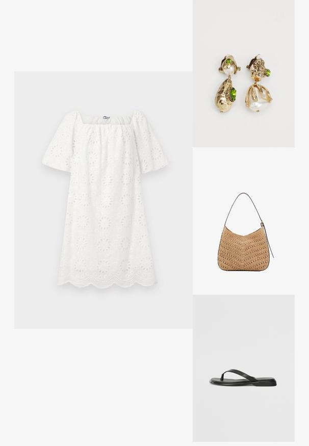 Rochie albă cu decolteu pătrat și mâneci scurte tip puff. Confecționată dintr-un material texturat cu modele florale tăiate și tiv ondulat.; Sandale negre din piele netedă, cu un design cu curea subțire și o talpă plată cu un profil minimalist. Fără modele sau accente notabile.; Geantă de umăr din paie împletite cu o formă curbată, având o curea din piele închisă la culoare și o suprafață texturată cu un model în zigzag.; Cerceii cu nuanță de aur prezintă forme neregulate texturate, împodobiți cu pietre prețioase verzi și perle albe, asigurați cu prinderi tip clip.