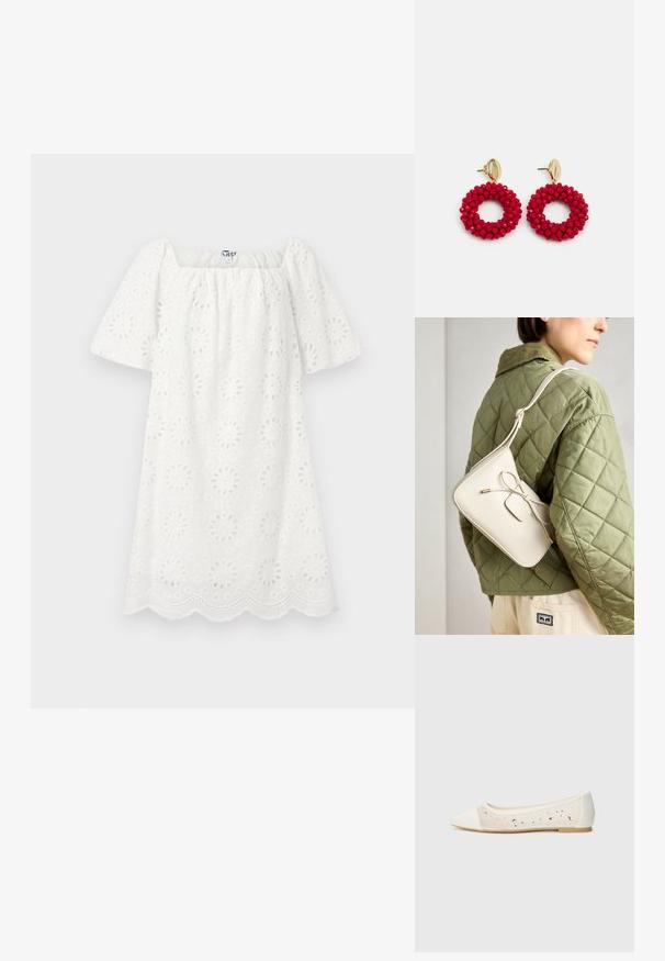 Fehér ruha négyzet dekoltázzsal és rövid puffos ujjal. Texturált anyagból készült, virágmintás kivágásokkal és fodros szegéllyel.; Krém bőrből készült, hegyes orrú lapos cipő átlátszó felsőrésszel, ami szétszórt gyémántokkal van díszítve. Puha talp a kényelemért, minimalista dizájn.; Beige színű bőr keresztpántos táska masni részlettel, arany színű fém kiegészítőkkel és egy állítható pánttal, zöld steppelt dzsekin viselve.; Piros gyöngyökkel díszített karika fülbevalók, texturált felülettel és arany tónusú patenttal. Kör alakú forma nyitott középpel és kerek gyöngyökkel díszítve.
