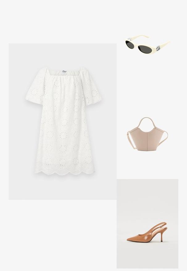 Rochie albă cu decolteu pătrat și mâneci scurte tip puff. Confecționată dintr-un material texturat cu modele florale tăiate și tiv ondulat.; Pantofii cu toc slingback, cu vârful ascuțit, dintr-un material tan neted și strălucitor. Prezintă un design cu decupaj curbat și un toc subțire stil stiletto. Detaliu cu cataramă argintie.; Ochelari de soare de culoare crem, cu lentile ovale, nuanță neagră și accente metalice cu logo la temple. Textură netedă, design tip cat-eye.; Geantă de mână bej din piele cu o formă unică, dotată cu două mânere scurte și o curea lungă ajustabilă. Textură netedă, cu hardware minim.