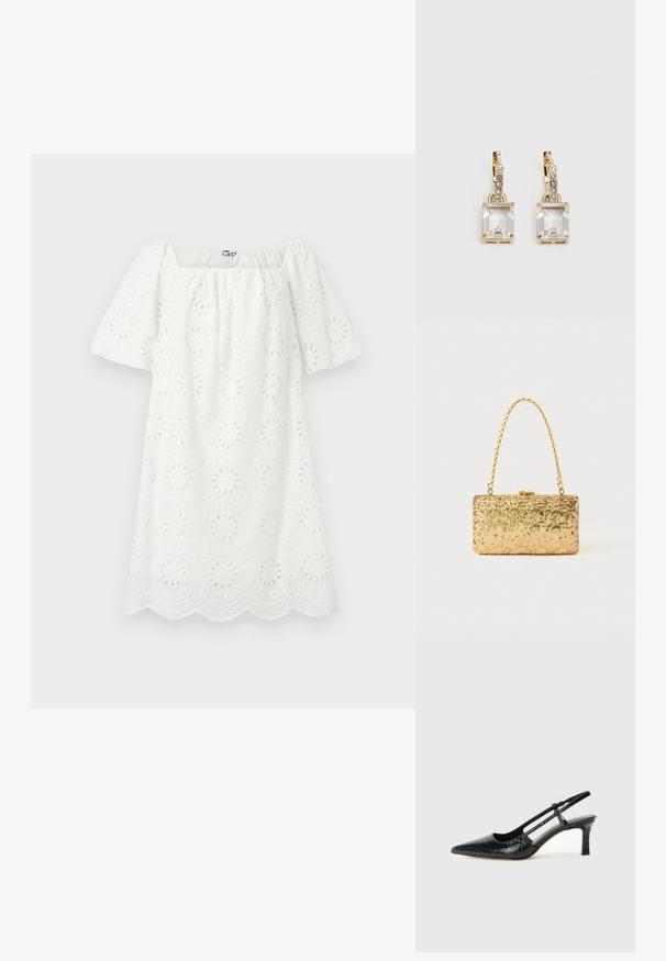 Bílé šaty s čtvercovým výstřihem a krátkými nabíranými rukávy. Vyrobené z texturované látky s květinovými výřezy a vlnitým lemem.; Černé lakované slingback podpatky s špičatou špičkou, zdobené texturovaným hadím vzorem, nastavovacím páskem a krátkým texturovaným blokovým podpatkem.; Zlatá flitrová kabelka ve tvaru obdélníku, s propleteným řetízkovým uchem a kovovým zapínáním, odrážející světlo s texturovaným povrchem.; Náušnice ve zlatém odstínu s obdélníkovým, průhledným krystalem zavěšeným pod řadou malých, kulatých průhledných akcentů. Elegantní, moderní design.