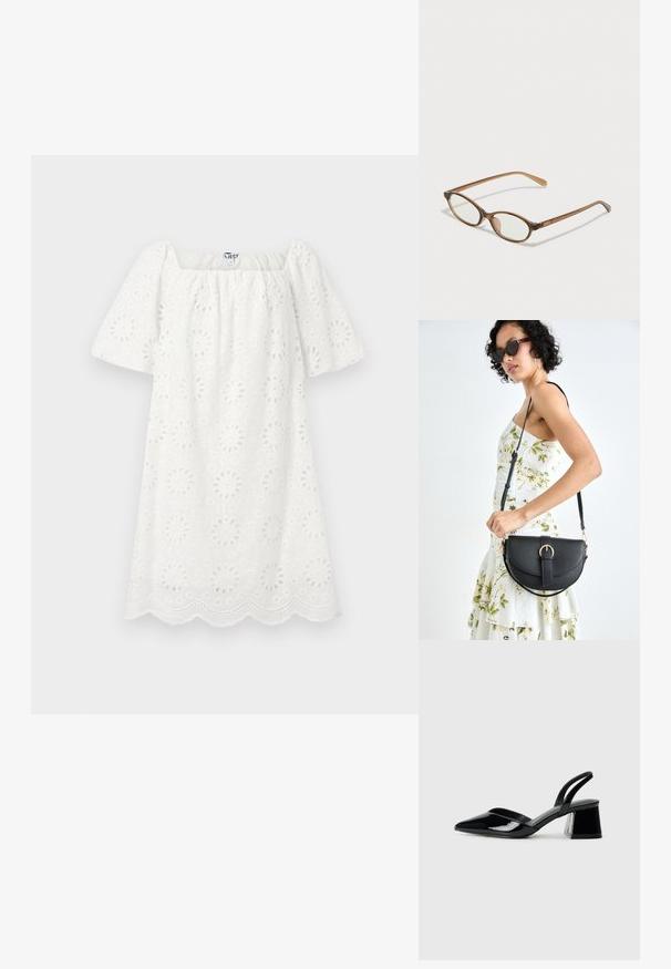 Valkoinen mekko, jossa on neliömainen pääntie ja lyhyet puffihihat. Valmistettu teksturoidusta kankaasta, jossa on kukkaleikkauksia ja hammastettu helma.; Mustat patentoitu nahkakengät, joissa on säären takaosa ja terävä kärki, sekä geometrinen palikkakorko. Sisältää tyylikkään, minimalistisen muotoilun ja sileän pinnan.; Ruskeat kilpikonnaruutulasiset silmälasit, joissa ovaalit linssit, ohuet varret ja läpinäkyvät yksityiskohdat. Temppeleissä on huomaamaton logo. Suunnittelultaan suora ja kevyt.; Musta nahkainen käsilaukku, joka on kaareva muotoilultaan, irrotettavalla hihnalla ja kultaisilla yksityiskohdilla. Laukussa on läppä, jossa on solk yksityiskohta.