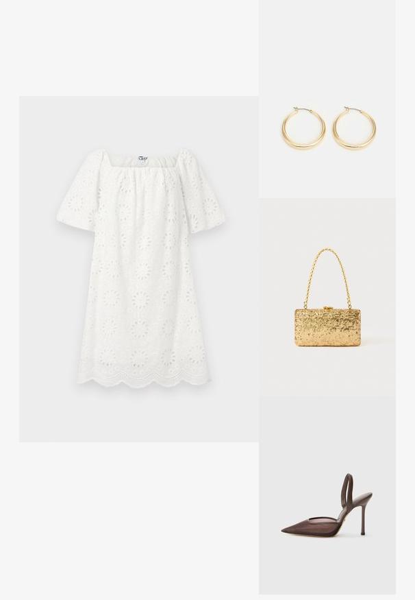 Weißes Kleid mit quadratischem Ausschnitt und kurzen Puffärmel. Hergestellt aus strukturiertem Stoff mit floralen Durchbrüchen und gewelltem Saum.; Braunes Slingback-High-Heel-Schuh mit spitzem Zehenbereich und Mesh-Overlay. Verfügt über einen dünnen Absatz und einen offenen Abschnitt an den Seiten.; Goldene Pailletten-Clutch mit rechteckiger Form, ausgestattet mit einem gedrehten Kettenhenkel und einem Metallverschluss, der das Licht mit einer strukturierten Oberfläche reflektiert.; Goldfarbene Creolen mit einem glatten, abgerundeten Design, ausgestattet mit einem dünnen Drahtverschluss und einer polierten Oberfläche für ein glänzendes Erscheinungsbild.