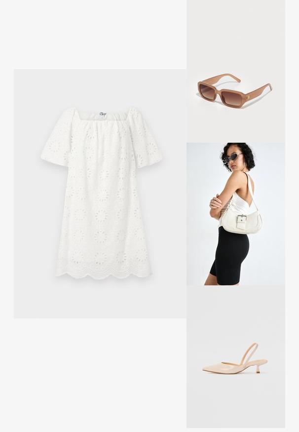 Weißes Kleid mit quadratischem Ausschnitt und kurzen Puffärmel. Hergestellt aus strukturiertem Stoff mit floralen Durchbrüchen und gewelltem Saum.; Beige Lackleder Slingback-Pumps mit spitzem Vorderteil und einem schlanken, quadratischen Absatz. Glatte Textur und minimalistisches Design ohne Verzierungen.; Braune rechteckige Sonnenbrille mit Verlaufslinsen, dicken Rahmen und einem Logodetail an der Seite. Glattes Kunststoffmaterial, minimales Design.; Weiße Lederhandtasche mit geschwungener Form, verstellbarem Tragegurt und einem kleinen Schnallendetail. Das Modell trägt ein enges schwarzes Outfit.