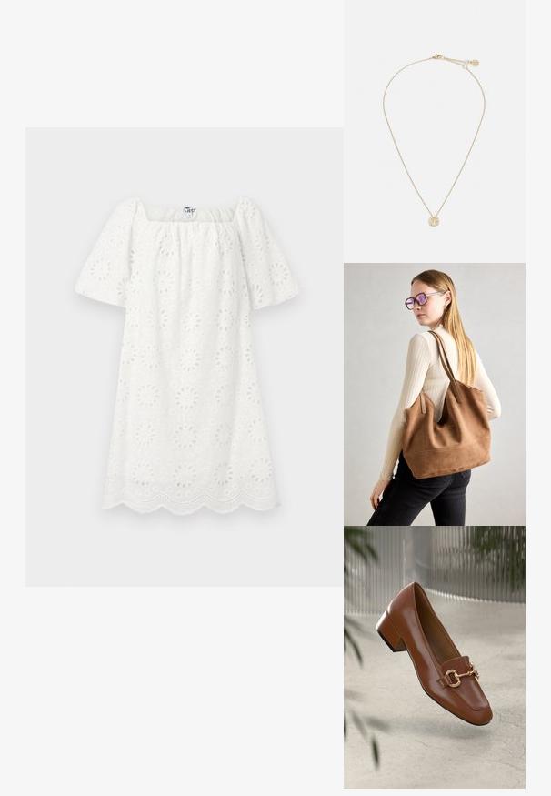 Hvit kjole med square hals og korte pufferm. Laget av strukturert stoff med blomsterutskjæringer og bølgete kant.; Brun lakkert skinn loafer med firkantet tå, metallkjedeakkent, og lav blokkheel; glatt tekstur, minimalistisk design.; Brun semsketotebag med myk tekstur, stor åpning og lange stropper. Har et enkelt design med synlig søm og uten maskinvare.; Gullkjede med en delikat lenke og en rund anheng prydet med små, innlagte edelstener som forsterker den strålende utseendet.