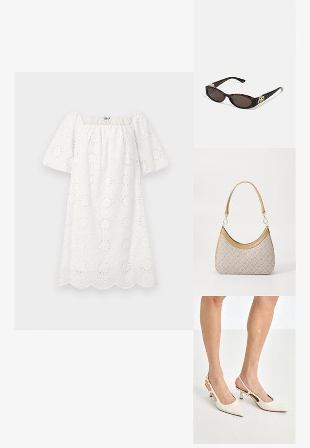 Abito bianco con scollatura quadrata e maniche corte a sbuffo. Realizzato in tessuto strutturato con motivi floreali ritagliati e bordo a scollatura.; Tacchi slingback in pelle lucida beige con punta affusolata e tacco di 5 cm, caratterizzati da lati traforati e una sottile fascia alla caviglia.; Occhiali da sole tartarugati con lenti ovali allungate, tonalità marrone, accenti dorati con logo sulle tempie e aste nere eleganti.; Borsa a tracolla beige con un motivo stampato, forma curvata, dettagli in pelle e un logo dorato sul davanti. Presenta una maniglia corta per un facile trasporto.
