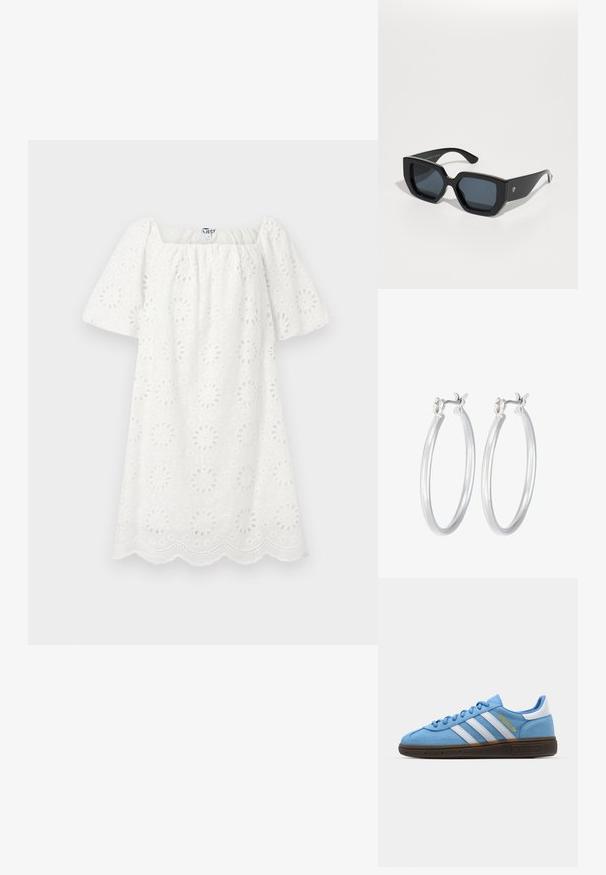 Bijela haljina s kvadratnim dekolteom i kratkim napučenim rukavima. Izrađena od teksturiranog materijala s cvjetnim izrezbarenim uzorcima i valovitim rubom.; Svijetloplave nubuk tenisice s bijelim kožnim trakama, smešim teksturiranim đonom i zlatnim logom. Dizajn niskih tenisica s zaobljenim vrhom.; Crne prevelike sunčane naočale s geometrijskim dizajnom, pravokutnim lećama i sjajnom završnom obradom. Nema vidljivog brendiranja sprijeda.; Srebrne kružne naušnice s glatkom, poliranom površinom. Okrugli oblik i sigurno kopčanje na klik. Lagani dizajn pogodan za svakodnevno nošenje.