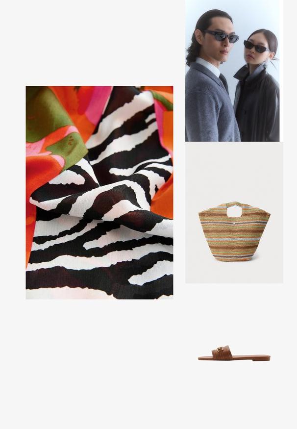 Farbenfroher Stoff mit einem auffälligen Zebra-Streifenmuster in Schwarz und Weiß, kombiniert mit lebendigen Blumenformen in Pink, Orange und Grün.; Braune Leder-Sandale mit zwei breiten Riemen, dekorativen Nähten und einem Akzent in Goldfarbe. Flache Sohle.; Sonnenbrille mit eckigen schwarzen Rahmen, getragen von einem Modell mit einem grauen Pullover, der ein strukturiertes Strickmuster zeigt, sowie einer schwarzen Lederjacke, die von einem anderen Modell getragen wird.; Gewebte Strohtasche mit mehrfarbigen Streifen in Braun, Grün, Orange und Blau. Verfügt über eine flache Form und zwei Handöffnungen. Leichtes Design.