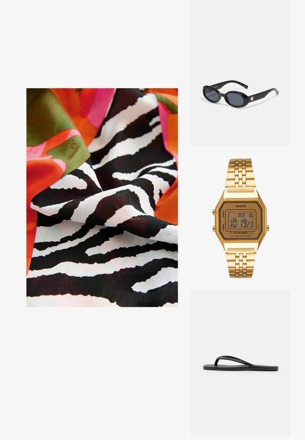 Tessuto colorato caratterizzato da un audace motivo a strisce zebrate in bianco e nero, combinato con forme floreali vivaci in rosa, arancione e verde.; Infradito neri con un design minimalista, suola piatta, cinturini sottili e texture liscia. Senza ulteriori motivi o accenti.; Occhiali da sole ovali neri con lenti scure, montatura in plastica lucida, aste larghe e un piccolo accent in oro su un lato.; Orologio digitale oro con quadrante rettangolare, display LCD, bracciale in acciaio inossidabile e pulsanti laterali. Presenta un'etichetta di impermeabilità.