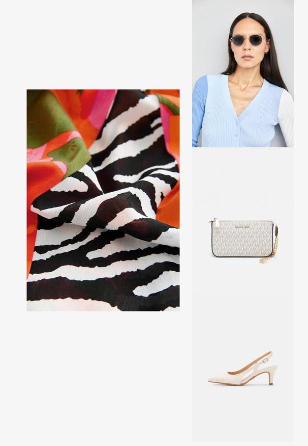 Farbenfroher Stoff mit einem auffälligen Zebra-Streifenmuster in Schwarz und Weiß, kombiniert mit lebendigen Blumenformen in Pink, Orange und Grün.; Weiße Slingback-Absätze mit spitzer Zehenpartie, glattem Obermaterial, niedrigem Blockabsatz und seitlichem Ausschnitt-Design mit verstellbarem Schnallenriemen.; Runde Sonnenbrillen mit dunklen Gläsern und goldenen Rahmen. Das Modell trägt eine hellblaue, gerippte Strickjacke mit Knöpfen und weißen Kontrastärmeln.; Michael Kors Clutch in beige beschichtetem Canvas mit einem wiederholten MK-Logo-Muster, goldfarbener hardware und einem abnehmbaren Kettenriemen.