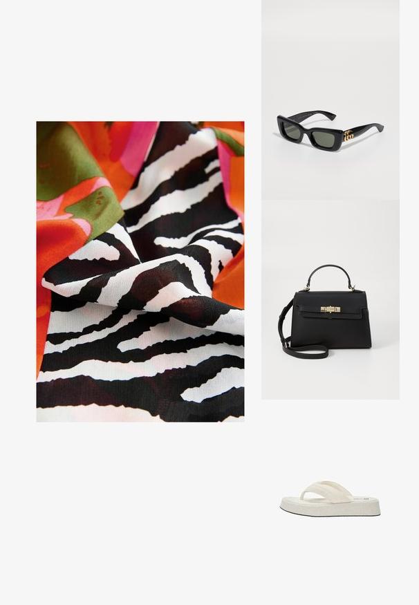 Farverigt stof med et markant zebrastribemønster i sort og hvid, kombineret med levende blomstermotiver i pink, orange og grøn.; Beige flip-flop med et tekstureret stof øverste, to remme og en flad, polstret sål med en sort ydersål. Enkel, minimalistisk design.; Sorte rektangulære solbriller med mørkegrønne linser, der har et skinnende guld-logo på siden. Glat plastisk stel med et markant design.; Sort læderhåndtaske med struktureret design, top-håndtag, aftagelig skulderrem og hardware i guldtoner. Har en frontlukning med lås.