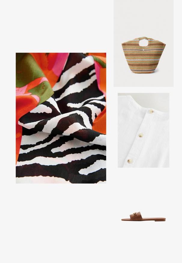 Kangas värikkäällä mustavalkoisella sebraraidalla, jossa on yhdistetty kirkkaat kukkamuodot vaaleanpunaisena, oranssina ja vihreänä.; Valkoinen pellavapaita pyöreällä pääntiellä ja nappilista, jossa on beigen sävyiset napit. Kangas on pehmeä ja tekstuurinen pinta.; Ruske nahkaste sanitarne sandale z dvema širokima trakovoma, ki imajo okrasni šiv in zlat toniran gumb. Oblika ravnega podplata.; Punottu olkioljetasku, jossa on moniväriset raidat ruskeassa, vihreässä, oranssissa ja sinisessä. Ominaisuuksiin kuuluu tasainen muoto ja kaksi käden avointa osaa. Kevyt malli.