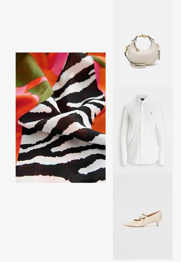 Kleurrijke stof met een gedurfd zebrapatroon in zwart en wit, gecombineerd met levendige bloemenvormen in roze, oranje en groen.; Witte overhemd met lange mouwen en een puntkraag, gemaakt van katoen. Voorzien van een klein geborduurd logo op de linkerborst.; Beige gepatineerde leren Mary Jane-schoenen met twee verstelbare gespen, spitse neus en een lage hak. Gladde textuur met een glanzende afwerking.; Crème leren handtas met een halve maan vorm, gouden hardware, zwarte accenten en een afneembare schouderband. Heeft een kettingdetail en label.