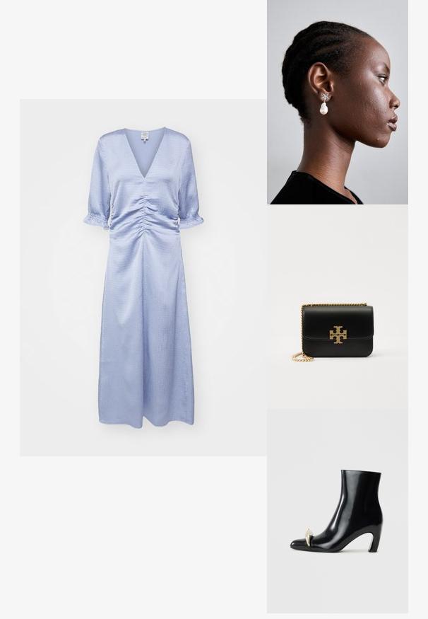 Rochie bleu deschis, până la genunchi, cu decolteu în V, detaliu pliat la talie și mâneci puff până la cot. Tesătură netedă, texturată.; Cizme negre peste glezna, realizate din piele lucioasă, cu vârf ascuțit și un accent decorativ aurii și argintii în față. Design cu toc pătrat.; Geantă de mână din piele neagră, cu curea din lanț auriu și accent de logo. Are o formă rectangulară și un capac tip fold-over. Textură netedă.; Tory Burch STAR DROP EARRING - Cercei - silver-coloured