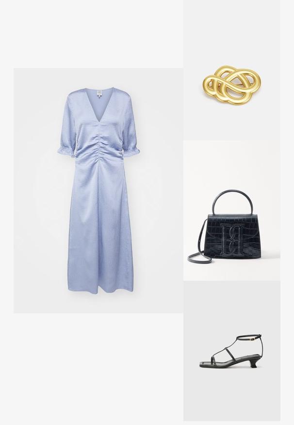 Világoskék, térdihosszig érő ruha V-kivágással, deréknál ráncolt részlettel és könyökhosszig érő puffos ujjakkal. Simább, textúrált szövet.; Fekete bőr szandál, négyzet alakú orral, vékony pántokkal, állítható bokapánttal és alacsony sarokkal. A pánton egy kis arany dísz található.; Fekete krokodilbőr hatású kézitáska, amelynek strukturált kialakítása van, felső fogantyúval, állítható pánttal és egy kiemelkedő elülső logó részlettel.; Arany színű brosúra, csomózott díszítéssel, sima, ívelt vonalakkal és bonyolult formával, fényes felülettel.