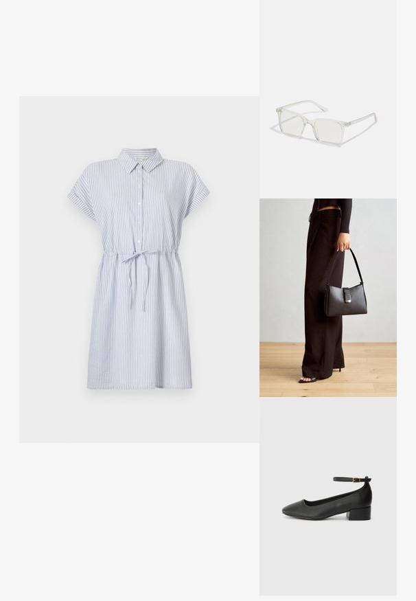 Dryžuotas šviesiai mėlynas ir baltas medvilninis suknelė. Yra apykaklė, trumpomis rankovėmis, sagų priekyje ir surišta juosmenyje, leidžianti reguliuoti dydį.; Juodas odinis aukštakulnis batelis su smailiu pirštu ir žemu bloku. Su kulkšnies dirželiu su auksinės spalvos sagtimi. Lygus paviršius.; Permat nuleidžiai skaidrūs kvadrato formos akinius su permatomais lęšiais, kurie turi auksines detales ant šventyklų.; Juodas rankinė struktūrizuota forma, lygi tekstūra ir metalinis užsegimas. Suporuota su plačiomis juodomis kelnėmis ir atvirais bateliais ant medinių grindų.