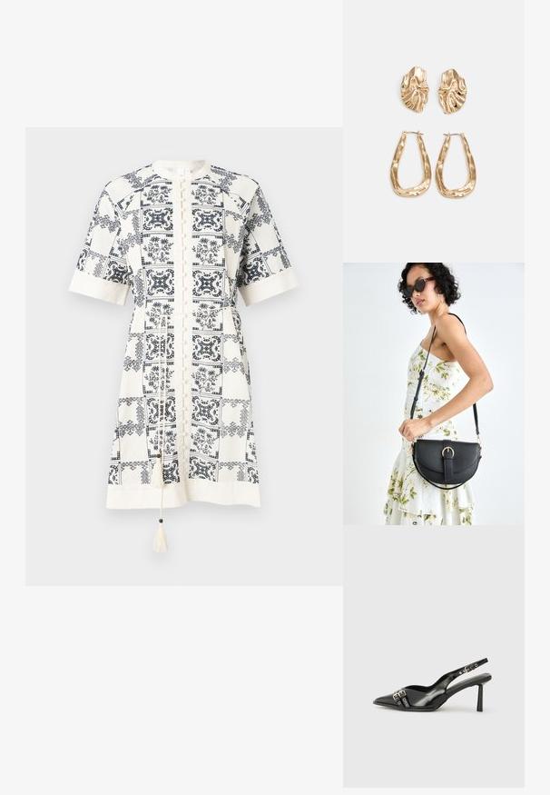 Short-sleeved, knee-length dress in a cream fabric with navy blue floral and geometric patterns, featuring a button front and tassel detail.; Black patent leather slingback shoe with pointed toe, ankle straps featuring silver buckles and hardware, and a slender heel.; Black leather handbag with a curved shape, detachable strap, and gold hardware. The bag features a flap with a buckle detail.; Gold-tone earrings featuring textured, wavy shapes. Includes sculptural clip-on studs and open hoop design with a hammered finish.