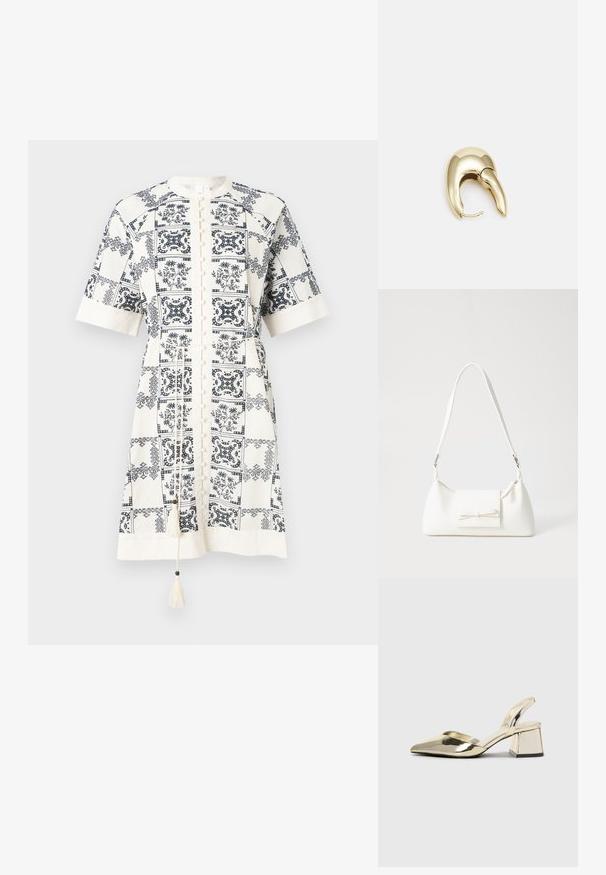 Krátky rukáv, šaty po kolená z krémovej látky s námorníkovo modrými kvetinovými a geometrickými vzormi, s gombíkovým zapínaním a detailom s strapcami.; Zlaté kovové lodičky na podpätku so špicatou špičkou a robustným podpätkom. Hladký povrch, minimalistický dizajn a úzka remienok.; Biela syntetická kabelka s trojuholníkovým tvarom, plochým predným klapkou a detailom mašle, nastaviteľným popruhom, hladkou textúrou a minimalistickým dizajnom.; Náušnice z kovu v zlatej farbe s elegantným, zakriveným dizajnom. Majú charakteristický špicatý tvar, leštený povrch a uzáver na pánt.