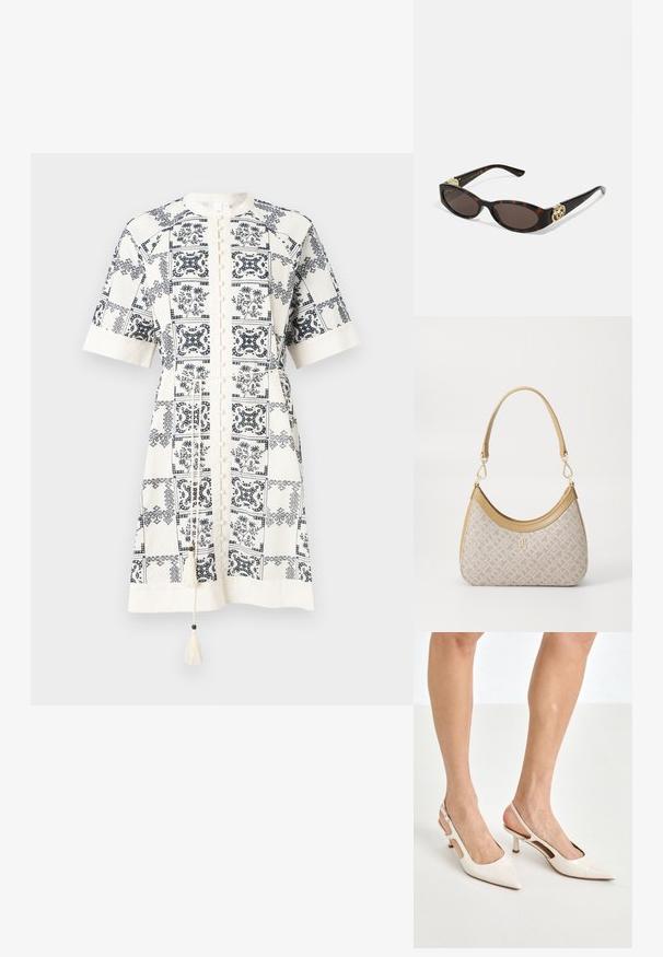 Kurze, ärmellose Kleid aus einem cremefarbenen Stoff mit marineblauen Blumen- und geometrischen Mustern, ausgestattet mit einer Knopfleiste und Quastenverzierung.; Beige Lackleder Slingback-Absätze mit spitzem Fuß und 5 cm Absatz, mit ausgeschnittenen Seiten und einem schmalen Knöchelriemen.; Schildpatt-Sonnenbrille mit länglich-ovalen Gläsern, braunem Farbton, goldenen Logo-Akzenten an den Bügeln und schlanken schwarzen Bügeln.; Beige gemusterte Handtasche mit geschwungener Form, Lederakzenten und einem goldfarbenen Logo auf der Vorderseite. Verfügt über einen kurzen Griff für einfaches Tragen.; Perlen- und Kristallhalskette mit einem runden, perlenbesetzten Design in sanften Farbtönen, das abwechselnd Perlen und funkelnde Akzente zeigt, um den Hals getragen.