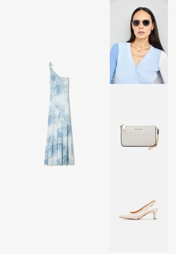 Modrá květinová maxi šaty vyrobené z splývavé tkaniny, s asymetrickým designem na jedno rameno, jemným detailem vázání a subtelným vybledlým vzorem.; Bílé lodičky na podpatku s špicatou špičkou, hladkým svrškem, nízkým blokovým podpatkem a designem s bočním výřezem se stahovací sponou.; Kulaté sluneční brýle s tmavými čočkami a zlatými rámy. Modelka má na sobě světle modrý žebrovaný kardigan s knoflíky a kontrastními bílými rukávy.; Kabelka na zápěstí Michael Kors v béžové potažené plátno s opakujícím se vzorem loga MK, zlatými kovovými doplňky a odnímatelným řetízkovým popruhem.