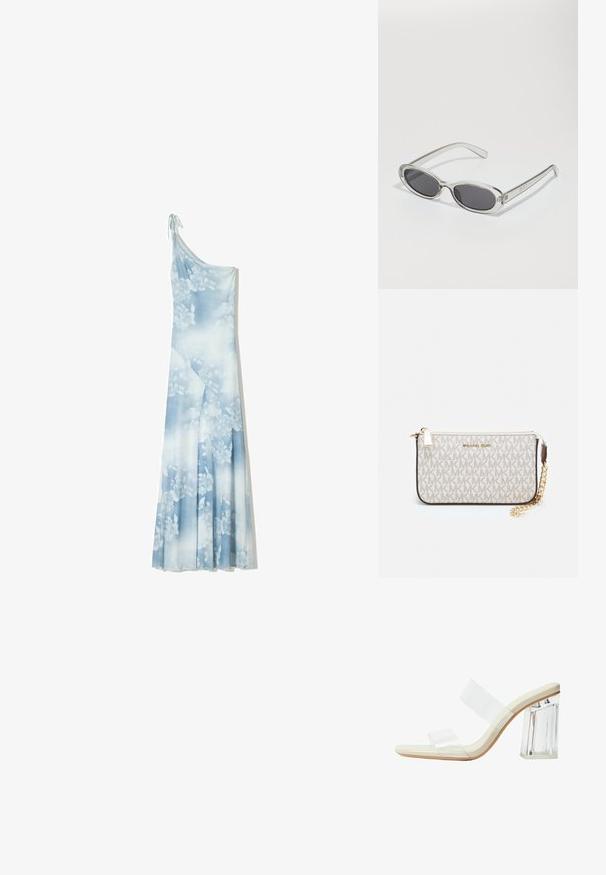 Modrá kvetinová maxi šaty vyrobené z tečúceho materiálu, so asymetrickým designom na jedno rameno, jemným detailom viazania a jemným gradientným vzorom.; Sandále s priehľadnými podpätkami majú priehľadné popruhy, béžovú stielku a masívny priehľadný blokový podpätok. Elegantný a hladký dizajn s minimalistickou estetikou.; Slnečné okuliare oválneho tvaru, s priehľadným plastovým rámom, tmavošedými šošovkami a tenkými priehľadnými ramienkami s logovými akcentmi a minimálnym detailovaním.; Michael Kors zápästná taška v béžovej potiahnutej plátenej tkanine s opakujúcim sa vzorom loga MK, zlatým kovania a odnímateľným reťazovým popruhom.