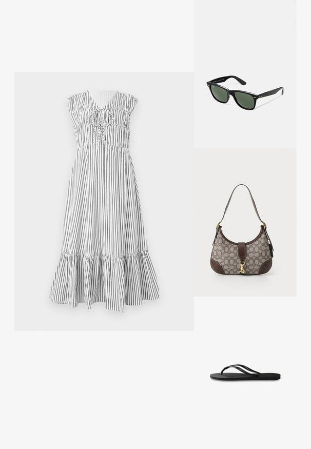 Fekete-fehér csíkozott ruha fodros nyakkivágással, rugalmas derékkal és réteges, bővülő szoknyával.; Fekete papucs texturált gumitalppal, két vékony pánttal és finom, domború logóval a pánton.; Fekete műanyag napszemüveg zöld lencsékkel, négyzet alakú kerettel, ezüst díszítéssel a keret felső részén, valamint texturált szárakkal. A márka neve a belső száron található.; COACH HAMPTONS HOBO BAG IN SIGNATURE JACQUARD - Kézitáska - oak maple