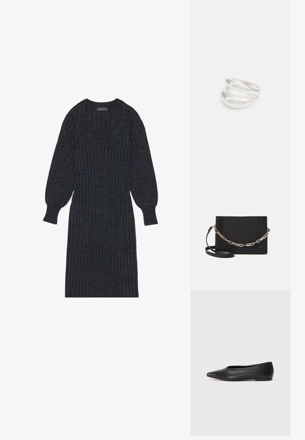 Tmavo šedé šaty z rebrového úpletu s výstrihom do V a dlhými, balónovými rukávmi. Majú priliehavý pás a textúrovanú látku pre pohodlie a teplo.; Čierne kožené baletky, špicatý špička, minimalistický dizajn, hladká textúra, nízky podpätok, bez viditeľných prvkov alebo ozdôb.; Čierna kožená crossbody taška s hladkou textúrou, obdĺžnikovým tvarom a kovovým reťazovým detailom na prednej strane. Súčasťou je nastaviteľný popruh.; Strieborný prsteň s dvojitým pásikom s hladkým, lesklým povrchom. Má plynulý, zakrivený dizajn s prekryvajúcimi sa časťami pre moderný vzhľad.
