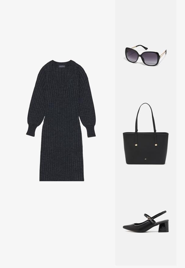 Dark gray ribbed-knit dress with a v-neckline and long, balloon-style sleeves. Features a fitted waist and textured fabric for warmth.; Black patent leather slingback heels with a pointed toe, a rounded cutout design, and a block heel. Features a gold-tone buckle accent.; Black oversized sunglasses with gradient lenses, thick frames, and gold-tone chain detailing on the temple arms.; Black tote bag made of synthetic material, featuring simple rectangular design, gold square accents, and double handles.