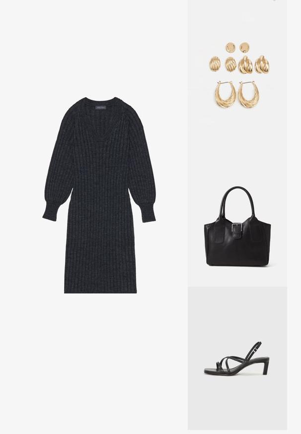 Dunkelgraues, geripptes Strickkleid mit V-Ausschnitt und langen, ballonförmigen Ärmeln. Es hat eine figurbetonte Taille und ein strukturiertes Material für Wärme.; Schwarze Sandale mit Riemchen, quadratischer Zehenform und niedrigem Blockabsatz. Verfügt über mehrere dünne Riemen und einen verstellbaren Knöchelriemen. Hergestellt aus glattem Leder.; Schwarze Leder-Tote mit glatter Textur, strukturiertem Design, zwei Griffen und einem auffälligen silbernen Schnallen-Detail auf der Vorderseite.; Goldfarbene Ohrringe, bestehend aus drei Paaren: strukturierte ovale Stecker, ohrringe mit gewelltem Design und große Creolen mit geschichteten Rillen.