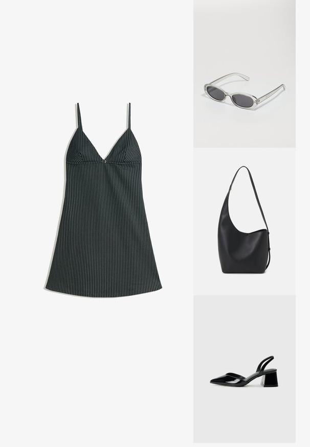 Črna in bela prugasta slip obleka z V-izrezom, tankimi naramnicami in ohlapnim krojem. Tkanina ima gladko teksturo in ravno obrobo.; Črne lakirane slingback pete s koničastim nosom in geometrijsko blokasto peto. Imajo eleganten, minimalističen dizajn in gladko teksturo.; Sončna očala ovalne oblike, prozoren plastičen okvir, temno sivi leči in tanke prozorne roke z logotipnimi akcenti in minimalnimi detajli.; Črna usnjena hobo torba z gladko teksturo, ukrivljeno obliko in eno nastavljivo naramnico; ima širok odprtina na vrhu.