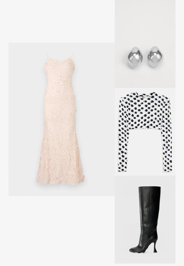 Rochie de seară din dantelă, de un roz pal, cu detalii din aplicații florale, bretele subțiri și o siluetă ajustată cu o margine evazată.; Top scurt cu mânecă lungă, dintr-un material alb elastic, decorat cu un design cu buline negre, având o textură netedă și un decolteu rotund.; Cizmă din piele neagră, până la genunchi, cu un șliț ajustat și vârf ascuțit. Prezintă un toc curbat distinctiv și o suprafață netedă.; Cercei din metal argintiu cu o formă netedă și rotunjită, având un finisaj lustruit și o suprafață reflectorizantă. Design minimalist, fără ornamentații.