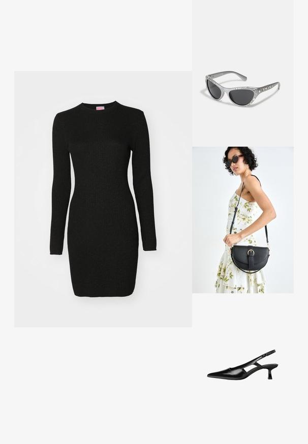 Robe noire en tricot à côtes avec manches longues, décolleté rond et coupe près du corps, présentant un léger scintillement sur l'ensemble du tissu.; Escarpins slingback en cuir verni noir avec un bout pointu, un design découpé sur les côtés et un petit talon carré. Texture lisse avec des accents minimaux.; Lunettes de soleil argentées en forme de goutte d'œil avec des verres sombres, embellies de accents de gemmes transparentes le long de la monture. Finition mate avec un design de branches incurvées.; Sac à main en cuir noir avec une forme courbée, bandoulière amovible et des accessoires en or. Le sac est doté d'un rabat avec un détail de boucle.