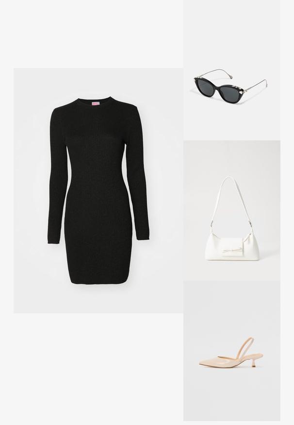 Mustast ribadenaise kleit pika varrukaga, ümmarguse kaelusega ja keha külge liibuv, millel on kangas õrn sära.; Beežist lakitud nahast slingback kontsad terava nina ja peene ruudukujulise kontsaga. Sile tekstuur ja minimalistlik disain ilma kaunistusteta.; Mustmust mustanäoga prillid hallide objektiividega, metallraamiga ja dekoratiivsete kristallidega ülemisel serval. Minimalistlik disain, sujuvate joontega.; Valge sünteetilisest materjalist kott kolmnurkse kujuga, lame esiklapiga ja kaaredetailiga, reguleeritava rihmaga, sileda tekstuuriga ja minimalistliku disainiga.