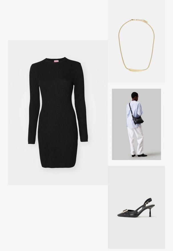 Schwarzes geripptes Strickkleid mit langen Ärmeln, rundem Ausschnitt und taillierter Passform, das durchgehend einen dezenten Glanz im Stoff aufweist.; Schwarzer Leder-Slingback-Schuh mit spitzem Zehenbereich, schlankem Absatz und goldfarbener Hardware-Akzent am Vorderfuß. Glatte Textur und strukturierte Form.; Schwarze Leder-Umhängetasche mit weicher Textur, dreieckiger Form und verstellbarem Tragegurt, kombiniert mit einem hellblauen gestreiften Hemd und weißen Hosen.; Goldbeschichtete Halskette mit einem glatten, geschwungenen zentralen Akzent. Verfügt über eine flexible Kette mit einem Karabinerhaken und zusätzlichen verstellbaren Kettengliedern.