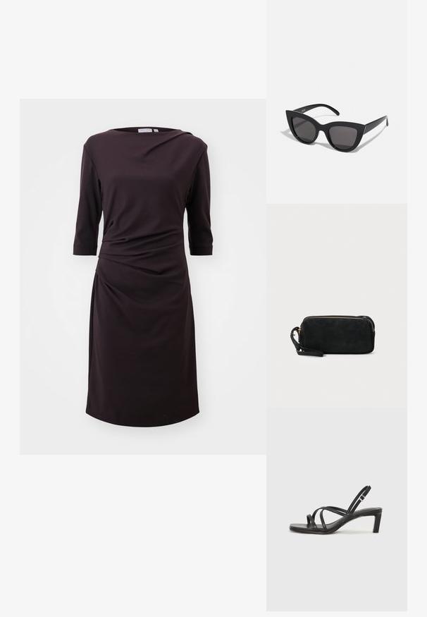Černé šaty vyrobené z měkké tkaniny s lodičkovým výstřihem, tříčtvrtečními rukávy a nařasením v oblasti pasu, délka nad kolena.; Černé sandály na tenkém podpatku se čtveratou špičkou a nízkým blokovým podpatkem. Mají několik tenkých popruhů a nastavitelné zapínání okolo kotníku. Vyrobeny z hladké kůže.; Černé sluneční brýle ve stylu kočičích očí s matným povrchem, vybavené šedými zabarvenými skly, ostrými liniemi a elegantními bočními rameny. Název značky viditelný na vnitřní straně ramene.; Černá semišová kabelka na ruku se zipovým uzávěrem a odnímatelným zápěstním řemínkem. Vybaveno zlatými kovovými detaily a hladkým, matným povrchem.
