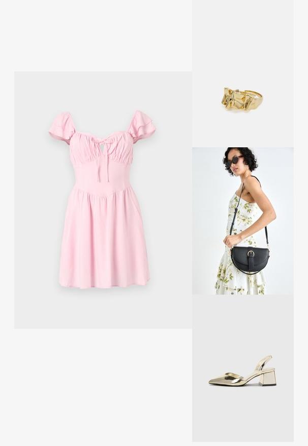 Rosa Kleid mit kurzen, gerafften Ärmeln, gerafftem Oberteil und einem Schlüsselloch-Detail. Ausgestellter Rock und glatte Stofftextur.; Goldene, metallische Slingback-Absätze mit spitzem Zeh und dicker Ferse. Glatte Textur, minimalistisches Design und ein schmaler Riemen.; Schwarze Lederhandtasche mit geschwungener Form, abnehmbarem Tragegurt und goldenen Beschlägen. Die Tasche verfügt über einen Deckel mit einer Schnallen-Details.; Goldring mit strukturiertem, wellenförmigem Design, das drei markante Spitzen aufweist. Glatte, glänzende Oberfläche mit einem offenen Band für einen verstellbaren Sitz.