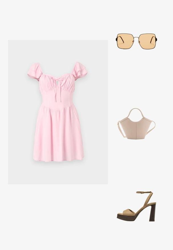 Roza obleka s kratkimi, nabrano narezanimi rokavi, nabranim telesom in odprtino v obliki ključavnice. Razširjena krila in gladka tekstura tkanine.; Bež semiš sandali na visoki peti z širokim sprednjim trakom in trakom okoli gležnja, opremljeni z debelim lesenim blokom peto z teksturirano površino.; Kvadratne sončna očala z rjavimi lečami in tankim črnim kovinskim okvirjem. Imajo poševne ušesne dele in nastavljive nosne blazinice za udobje.; Bežna usnjena torbica edinstvene oblike, z dvema kratkima ročajema in dolgim nastavljivim trakom. Gladka tekstura z minimalno kovinsko opremo.