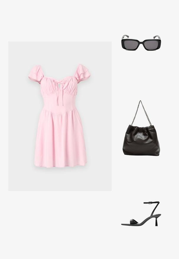 Ružové šaty s krátkymi ruffles rukávmi, naťahovanou sukňou a detailom v tvare kľúčovej dierky. Rozšírená sukňa a hladký textilný povrch.; Bershka Sandále na vysokom opätku - black; Čierne obdĺžnikové slnečné okuliare s tmavými sklami, hladkým plastovým rámom a zakrivenými stranami. Dizajn je robustný s minimalistickou estetikou.; Hnedá kožená taška so zberaným vrchom a reťazovým popruhom. Hladký povrch s lesklým finišom a jemným švom po stranách.