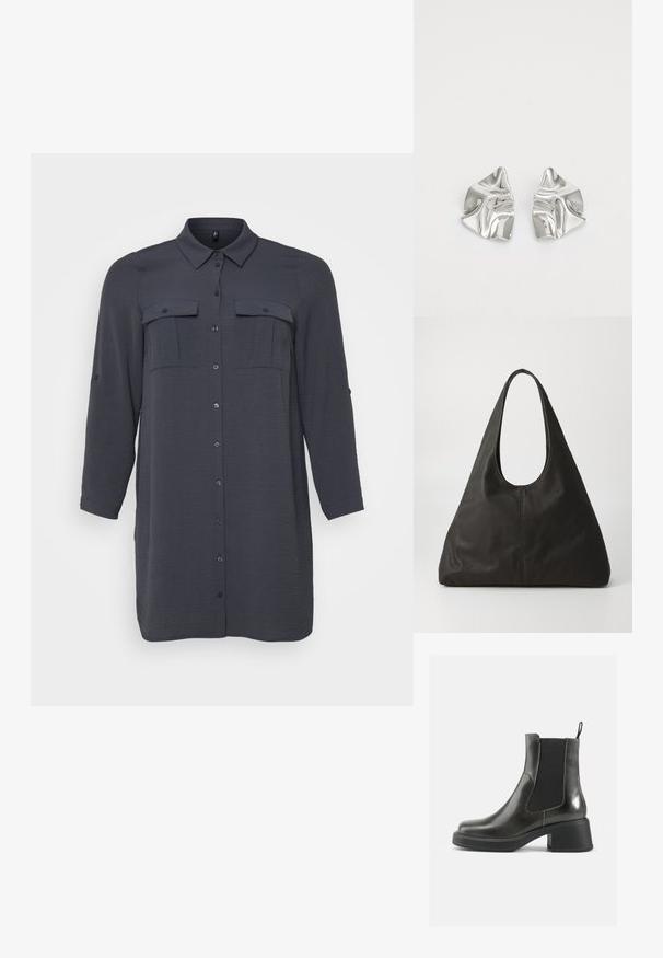 Abito camicia lungo a maniche lunghe di colore grigio scuro con chiusura a bottoni, due tasche sul petto e un tessuto texture. Presenta un colletto classico e maniche arrotolabili.; Stivali alla caviglia in pelle nera con una finitura liscia, pannelli laterali elastici e un tacco robusto. Presentano una linguetta per facilitare l'inserimento.; Borsa a tracolla in pelle nera con manico curvo, forma triangolare allungata e superficie liscia. Presenta un design minimalista senza hardware visibile.; Orecchini in metallo argento con un design ondulato e scultoreo, caratterizzati da una finitura lucida e forme irregolari, che evidenziano un'estetica contemporanea.