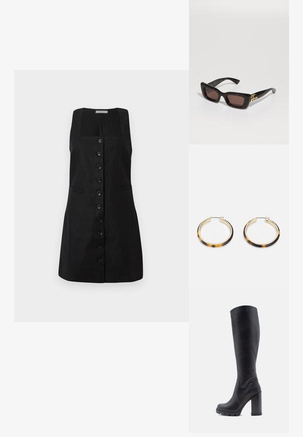 Crna lanena haljina sa kvadratnim izrezom, obložena središnjim redom od šest dugmadi i dva bočna džepa, sa A-siluetom.; Crne čizmice do koljena, od glatke kože, s punom petom, zaobljenim vrhom, teksturiranom potplatom s gripom, elegantnog dizajna bez ukrasa.; Crne kornjačaste sunčane naočale s pravokutnim lećama, smešnim tonom, debelim okvirom i zlatnim dvostrukim G logom na ručki.; Zlatne hoop naušnice s vanjskim rubom od smole s uzorkom kornjače, s glatkom završnom obradom i elegantnim, kružnim oblikom.