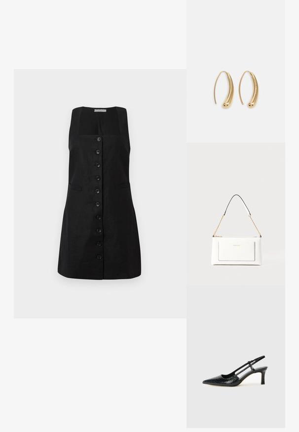 Vestido preto de linho com decote quadrado, forrado com uma fila central de seis botões e dois bolsos laterais, apresentando uma silhueta em A.; Salto slingback em patente preta com bico apontado, apresentando um padrão de pele de cobra texturizado, tira ajustável e um salto bloco curto e texturizado.; Bolsa de mão branca em couro com acabamento texturizado, featuring a corrente dourada e detalhes pretos. Inclui um bolso frontal e fecho com zipper.; Brincos em metal dourado com forma de arco alongado e curvado. Apresentam uma superfície lisa e brilhante, com uma ponta arredondada para um detalhe adicional.