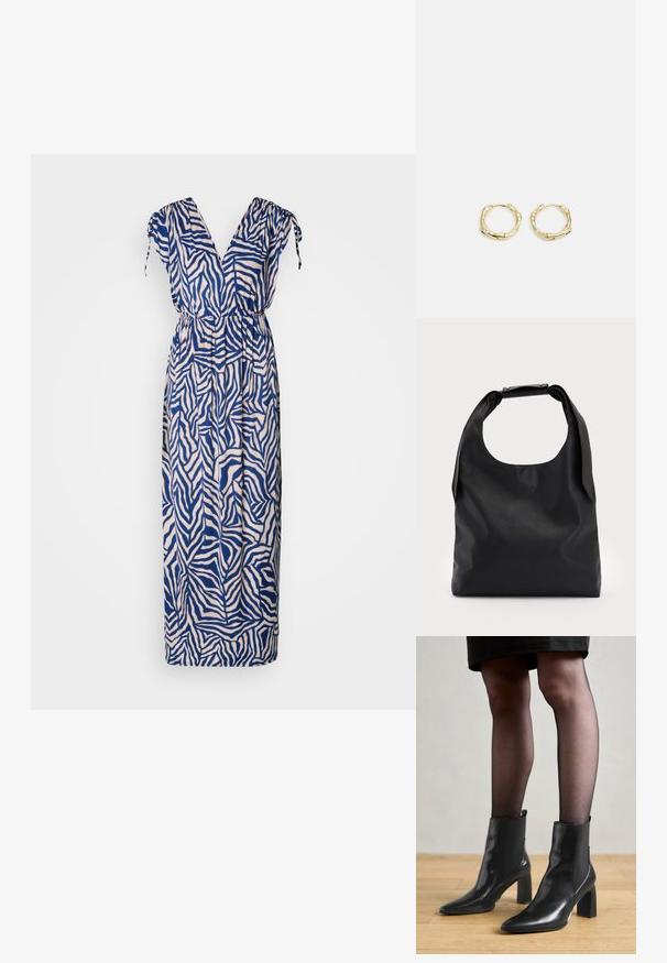 Maxikleid in einem navy und cremefarbenen Zebramuster. Verfügt über einen V-Ausschnitt, kurze Ärmel mit Bindebändern und eine elastische Taille für zusätzlichen Komfort.; Schwarze Leder-Ankle-Boots mit spitzer Zehenform, klobigem quadratischem Absatz und schlankem Design. Verfügt über elastische seitliche Einsätze für leichtes An- und Ausziehen.; Schwarze Leder-Hobo-Tasche mit einem einzelnen, weichen, abgerundeten Griff; verfügt über eine glatte Textur und ein minimalistisches Design. Keine sichtbaren Beschläge oder Akzente.; Goldene Creolen mit einer strukturierten, unregelmäßigen Form. Sie verfügen über einen nahtlosen Verschluss und eine polierte Oberflächenbehandlung, die ein modernes Design betont.