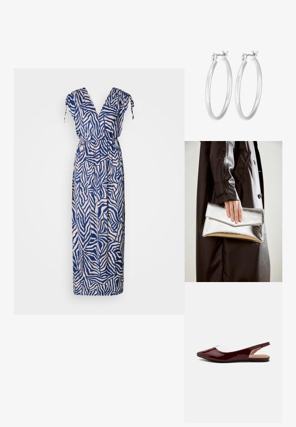 Maxi dress in a navy and cream zebra stripe pattern. Features a V-neck, short sleeves with ties, and an elastic waist for comfort.; Burgundy patent slingback flats with a pointed toe, transparent cutout, and a flat black sole. Smooth texture, minimalist design.; Silver metallic clutch with an angular envelope design, smooth texture, and contrasting interior color, held in a hand wearing a black coat.; Silver hoop earrings with a smooth, polished finish. Round shape and secure click-top closure. Lightweight design suitable for everyday wear.