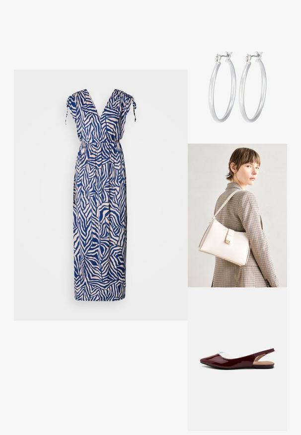 Maksimekko tummansinisen ja kerma-valkoisen seepraraidallisen kuvion kanssa. Ominaisuuksiin kuuluu V-pääntie, lyhyet hihat solmimisella ja joustava vyötärö mukavuutta varten.; Burgundy patentitokot slingback-kengät, joissa on terävä kärki, läpinäkyvä aukko ja musta litteä pohja. Sileä pinta, minimalistinen muotoilu.; Valkoinen nahkainen käsilaukku, jossa on jämäkkä muotoilu, magneettinen suljin ja olkahihna, esillä neutraalilla taustalla.; Hope-silver rengas, joissa on sileä ja kiillotettu pinta. Pyöreä muoto ja turvallinen napsautettava lukitus. Kevyt muotoilu sopii päivittäiseen käyttöön.