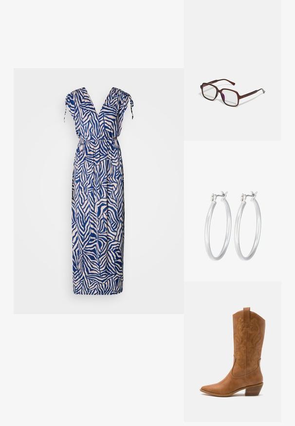 Robe maxi à rayures zèbre bleu marine et crème. Dotée d'un décolleté en V, de manches courtes avec liens et d'une taille élastique pour le confort.; Bottes de cow-boy en cuir tan avec un bout pointu, des motifs en spirale brodés sur la tige, et un talon bloc empilé. Équipées d'une languette pour un enfilage facile.; Lunettes rectangulaires marron avec des verres transparents et des nuances violacées. Monture en plastique lisse avec des branches droites et des accents subtils.; Boucles d'oreilles en argent avec une finition lisse et polie. Forme ronde et fermeture à clip sécurisée. Design léger adapté pour un port quotidien.