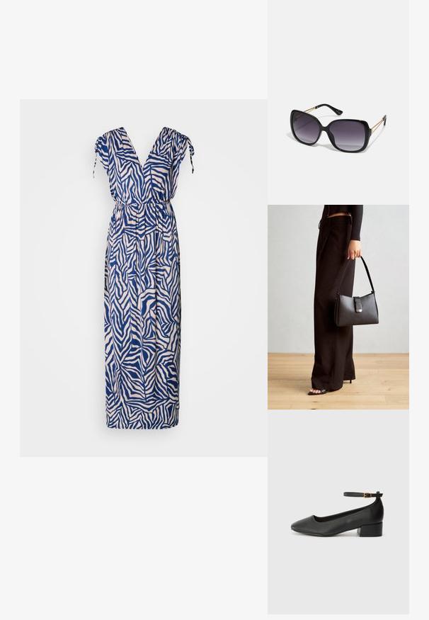 Maksi kleita ar tumši zilu un krēmkrāsas zebras svītru rakstu. Izceļas ar V veida kakla izgriezumu, īsām piedurknēm ar saitēm un elastīgu jostasvietu ērtībai.; Melnas ādas sūkņi ar smailu purngalu un zemu bloku papēdi. Iezīmēts ar potītes siksniņu ar zelta krāsas sprādzi. Gluda tekstūra.; Melni pārmērīgi lieli saulesbrilles ar gradāciju lēcām, biezām rāmja malām un zeltainas krāsas ķēžu detaļām uz tempļiem.; Melnā somiņa ar strukturētu formu, gludu tekstūru un metālu sprādzi. Saskaņota ar platām melnām biksēm un sandālēm ar atvērtu purngalu uz koka grīdas.