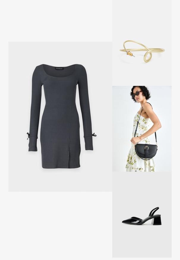 Ilgi rankoviai, juostos rašto suknelė tamsiai pilkos spalvos, su kvadrato formos iškirpte ir šonine plyšio detalėmis. Kaklo apykaklės raišteliai suteikia papildomo žavesio dizainui.; Juodos lakuotos odinės šlepetės su smailiu pirštu ir geometriniu bloko kulnu. Turi elegantišką, minimalistinį dizainą ir lygų paviršių.; Juodas odinis krepšys su išlenkta forma, nuimamu dirželiu ir auksiniais detalėmis. Krepšys turi kilpą su sagtimi.; Auksinės spalvos metalinė apyrankė su skysčiu, kreipiančiu dizainu. Viename gale yra mažas, išsiskiriantis, sidabrinės spalvos akcentas.