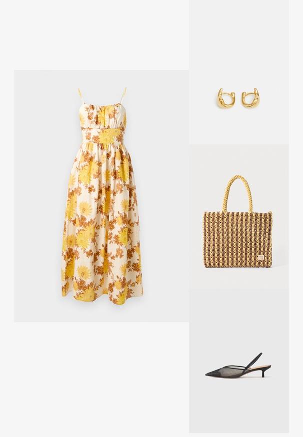 Virágmintás maxi ruha sárga és barna virágokkal egy krémszínű háttéren, vékony állítható pántokkal és redőzött mellel.; NEOUS IRENA - Klasszikus sarkú cipők - black; Barna és sárga színű, téglalap alakú, két füles táska, textúrált felülettel, látható varrásokkal és márkacímkével.; Arany karika fülbevalók sima, lekerekített kialakítással, fényes felülettel. A fülbevalók kompakt, tömzsi formájúak, és zökkenőmentes kapoccsal rendelkeznek.