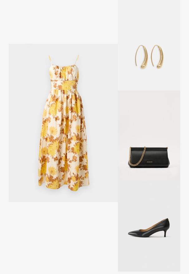 Kukkakuvioinen maksimekko, jossa on keltaisia ja ruskeita kukkia vaaleancremepohjalla. Mekossa on ohuet säädettävät olkaimet ja rypytetty yläosa.; Mustat nahka-korkokengät, joissa on terävä kärki, matala korko ja sileä pinta. Edessä on pieni aukko ja takana minimaalinen varustus.; Musta nahkainen clutch-laukku, jossa on kultaketju, sileä pinta, suorakulmainen muoto ja kohokuvioitu brändimerkintä edessä.; Korvakorut kultasävytteistä metallista, joissa on kaareva, pitkänomainen muoto. Ominaisuuksiin kuuluu sileä, kiiltävä pinta ja pyöreä kärki lisäyksinä.