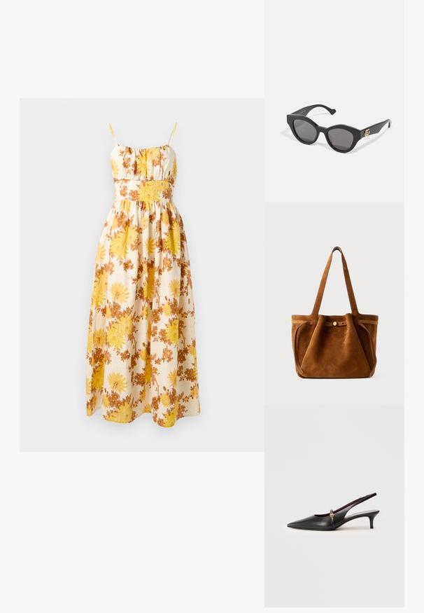 Vestido maxi floral con flores amarillas y marrones sobre un fondo crema, con tirantes finos ajustables y un escote fruncido.; Tacón slingback de cuero negro con punta afilada, tacón delgado y un acento dorado cerca de la correa del tobillo. Textura suave y diseño sencillo.; Gafas de sol negras con forma angular de ojo de gato, con lentes oscuros y tintados. Acabado en oro en la patilla. Montura de plástico suave.; Bolso tote de ante marrón con asas dobles, una correa de cierre con botón y una forma relajada, ligeramente caída.