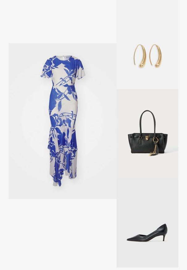 Blå blomstertrykt kjole med korte ærmer, tætsiddende korpus og en flæset kant. Fremstillet af et glat stof med en cremet baggrund.; Sort læderpumpe med spids tå og lav hæl. Har en glat tekstur og subtil glans. Åben udskæring foran for ekstra detalje.; Sort læder skuldertaske med dobbelte håndtag, guld lås og kædedetalje samt sort-hvid kvast tilbehør mod hvid baggrund.; Guldfarvede metal hoops øreringe med en bøjet, forlænget form. Har en glat, skinnende overflade og en afrundet spids for ekstra detalje.